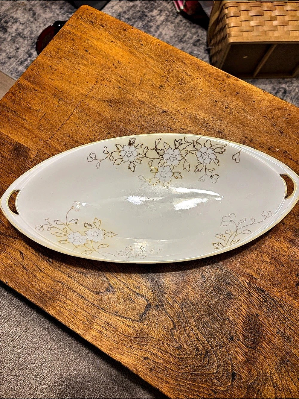 Antique Nippon Porcelain Celery Dish, Hand Painted Cherry Blossoms